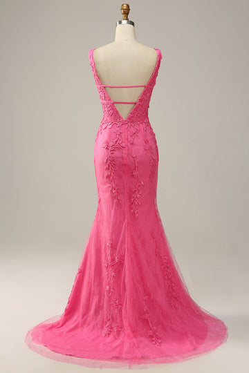 Sirena Cuello en V Rosa Vestido de Fiesta Con Espalda Abierta